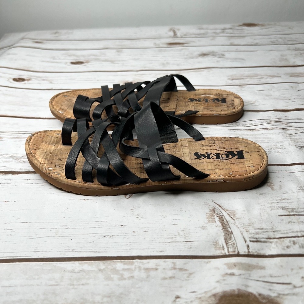 Korks Khell Sandals Black Strappy Toe Loop Slide Flat‎ Summer 8M